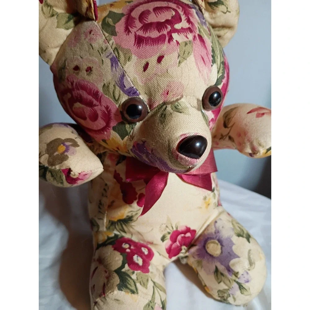 Vintage 1989 Milaca Mills Floral Teddy Bear Plush Cottagecore Decor 9 inch
